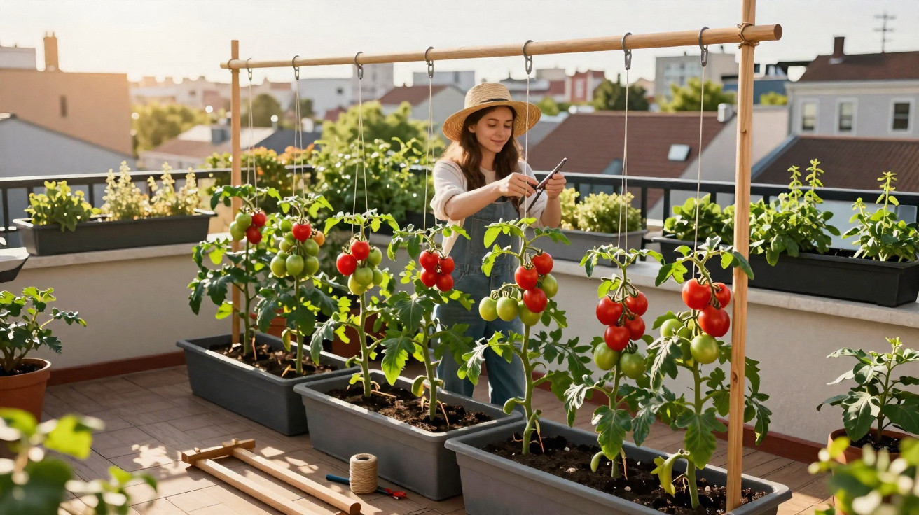 Mulher com chapéu cuidando de tomates vermelhos e verdes em vasos numa horta urbana no terraço.