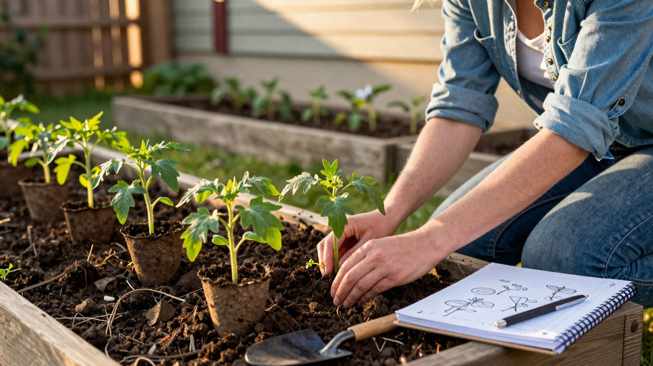 Pessoa plantando mudas em canteiro com caderno de anotações e ferramenta de jardinagem ao lado.
