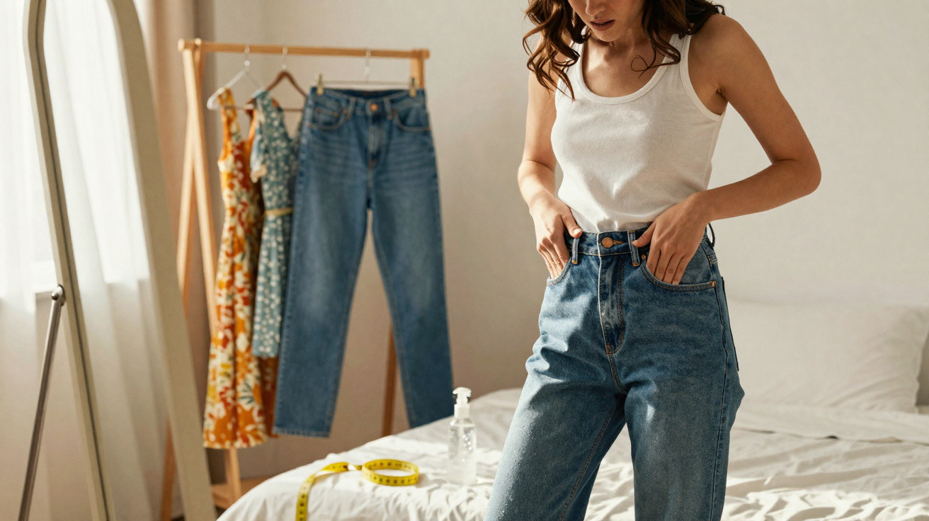 Mulher experimentando calça jeans em quarto com vestidos pendurados e fita métrica sobre a cama.