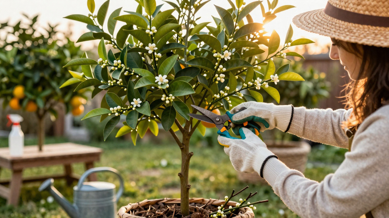 Mulher com chapéu podando árvore frutífera florida em vaso no jardim ao pôr do sol.