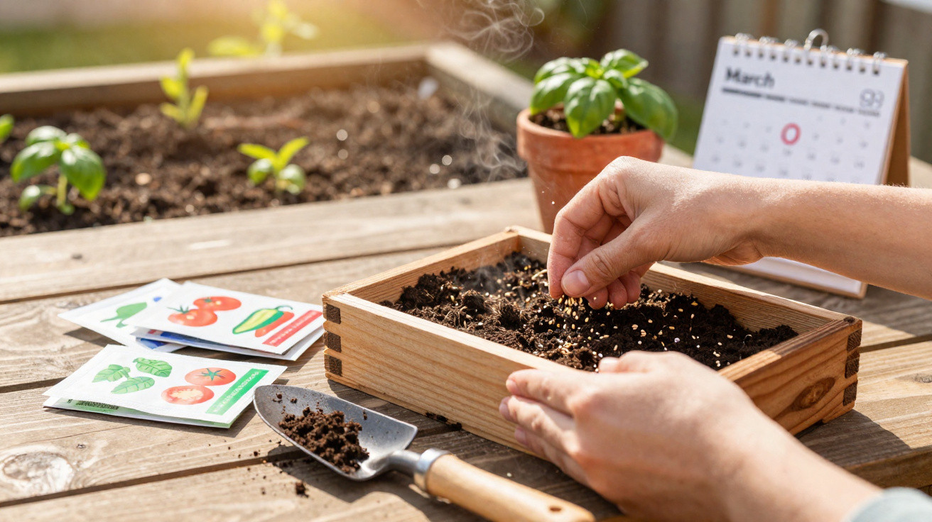 Mãos plantando sementes em uma caixa de madeira com pacotes de sementes e calêndario ao fundo.