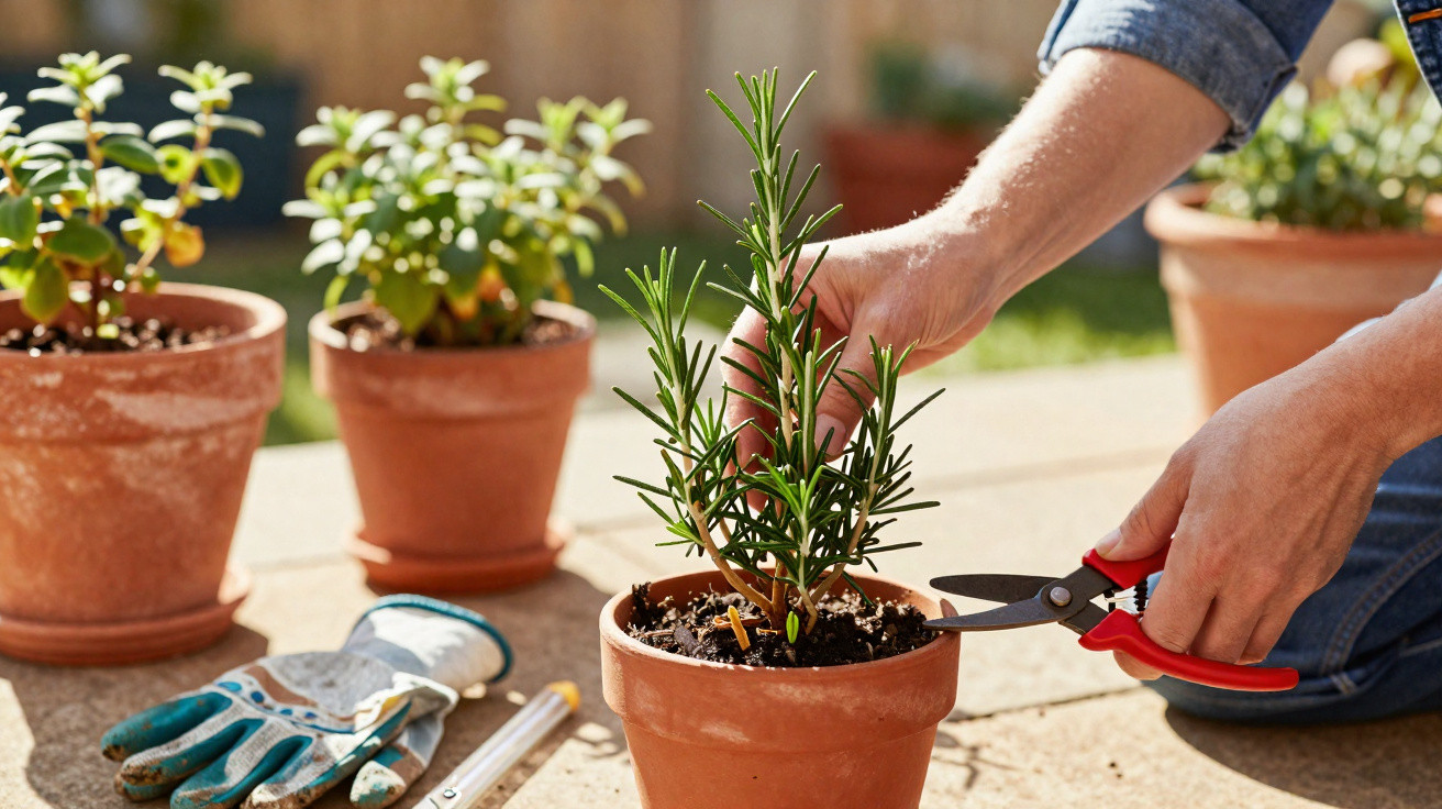 Pessoa podando planta em vaso de barro com tesoura, ao redor luvas e outros vasos com plantas.