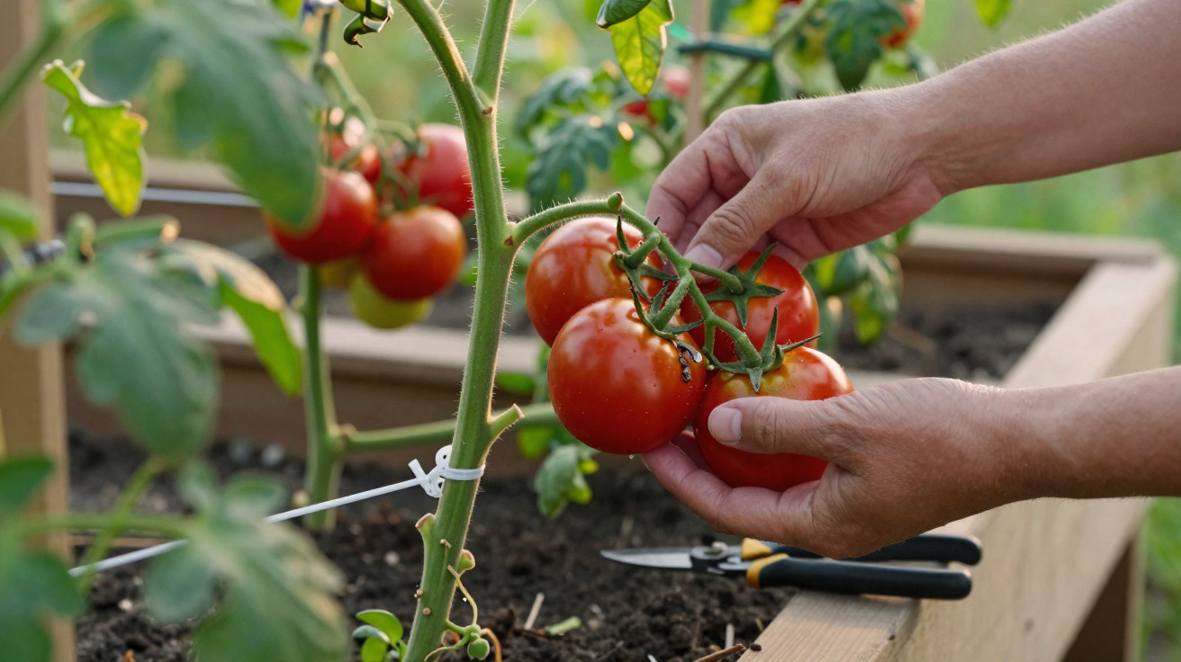 Mãos colhendo tomates maduros em pé de tomateiro cultivado em canteiro elevado.