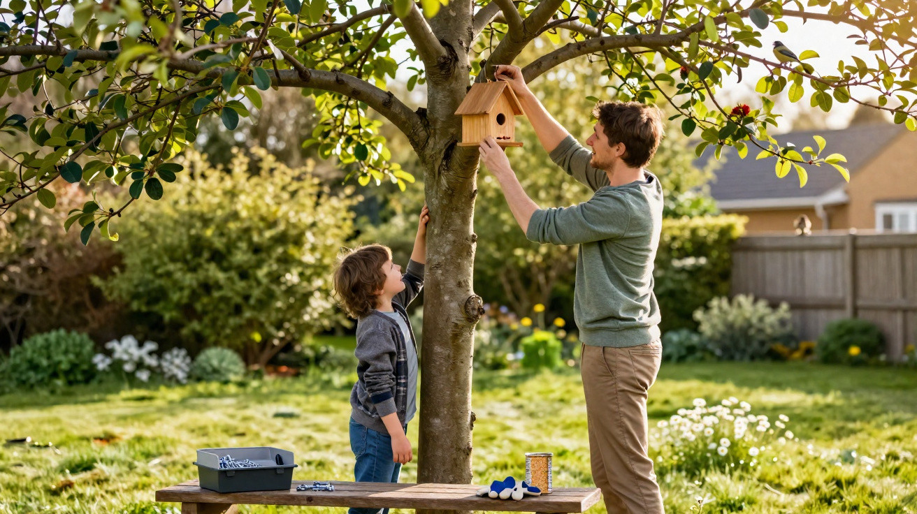 Pai e filho pendurando uma casinha de passarinho em uma árvore no jardim ensolarado.