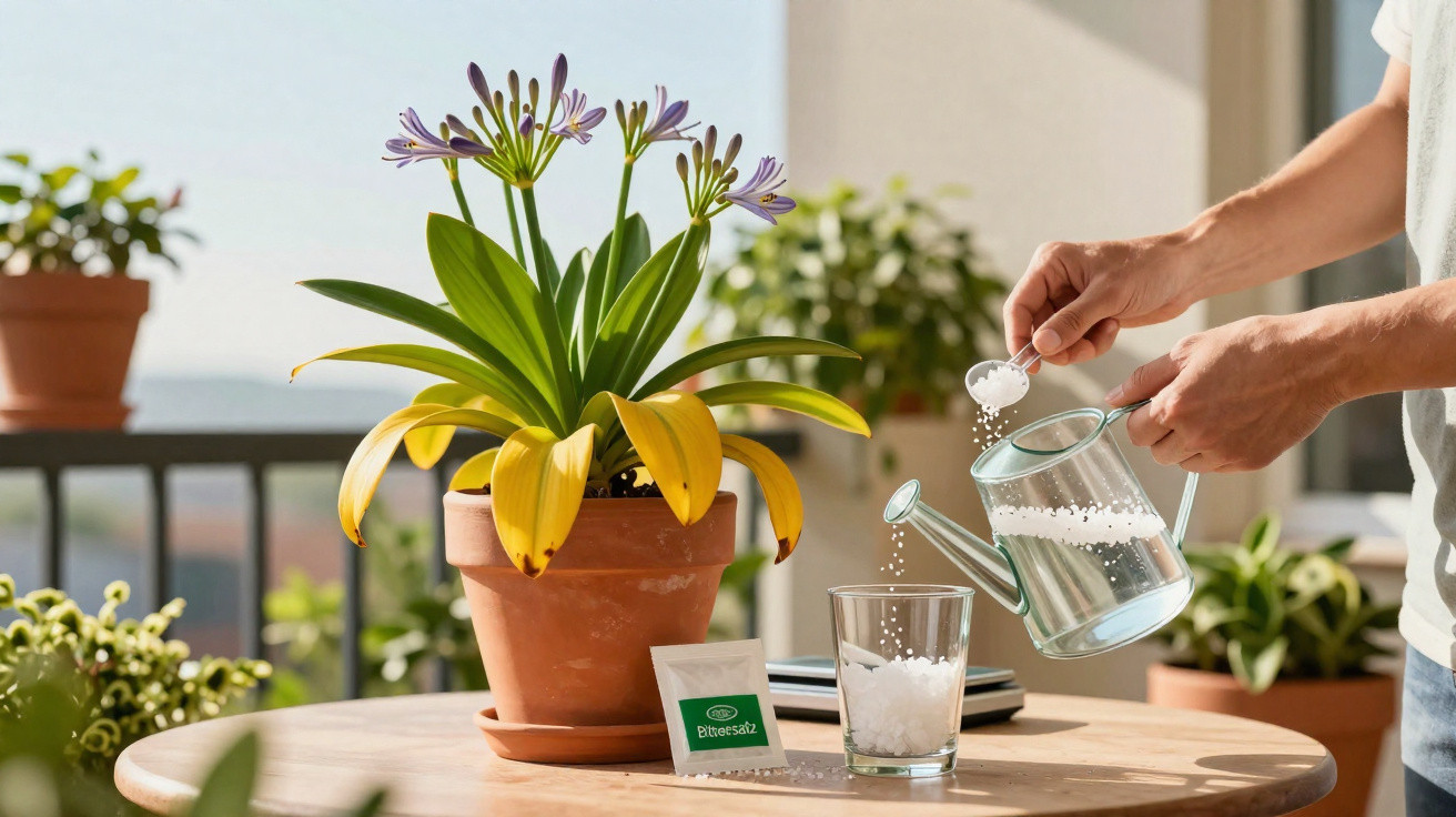 Pessoa adicionando sais de banho em regador de vidro ao lado de vaso com planta florida em mesa externa.
