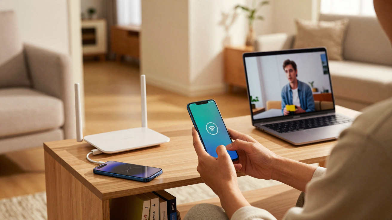 Pessoa segurando celular com símbolo de Wi-Fi, laptop com chamada de vídeo e roteador sobre mesa de madeira em sala.