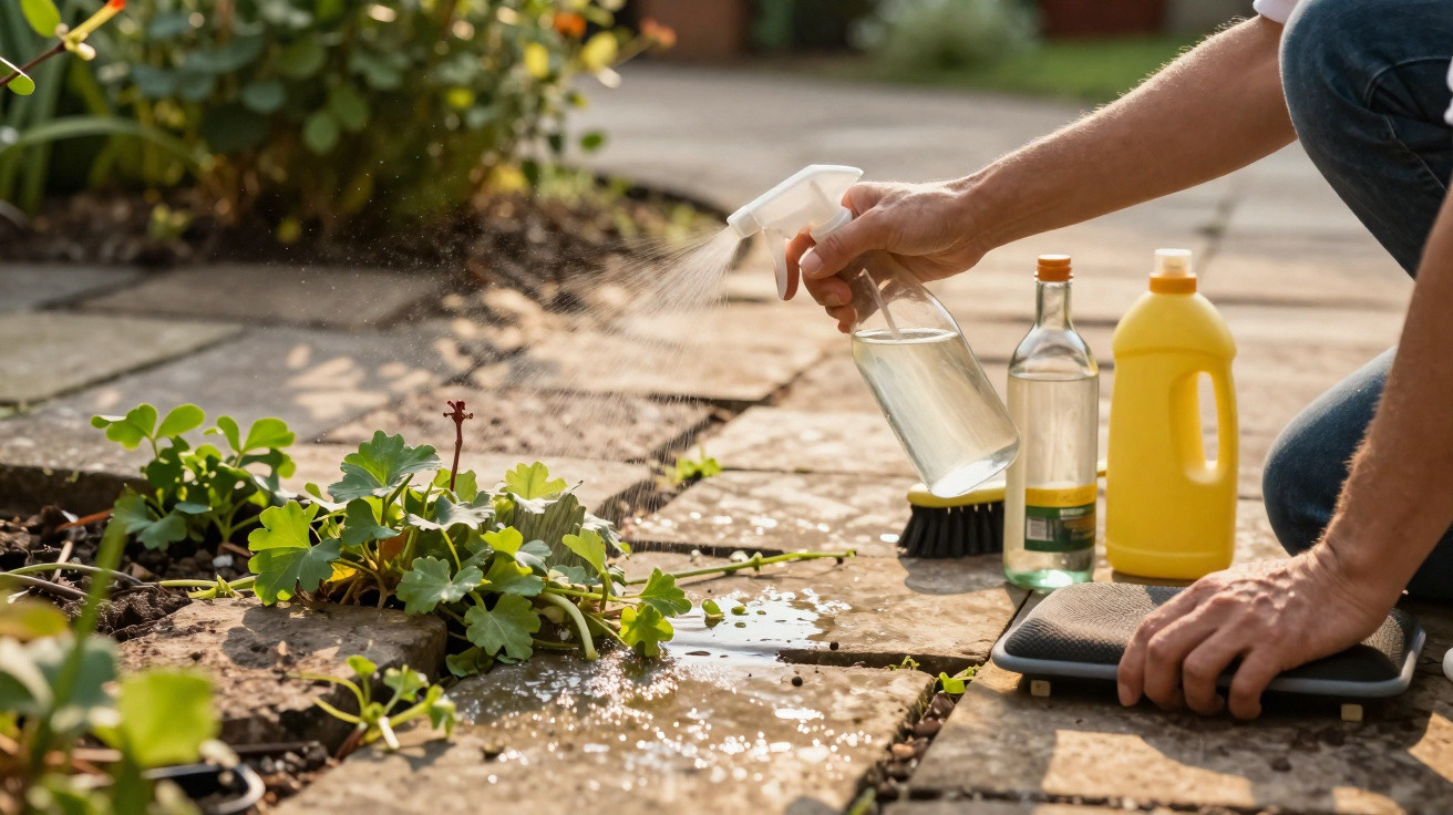 Pessoa aplicando spray em plantas entre pedras do jardim com produtos de limpeza ao redor.