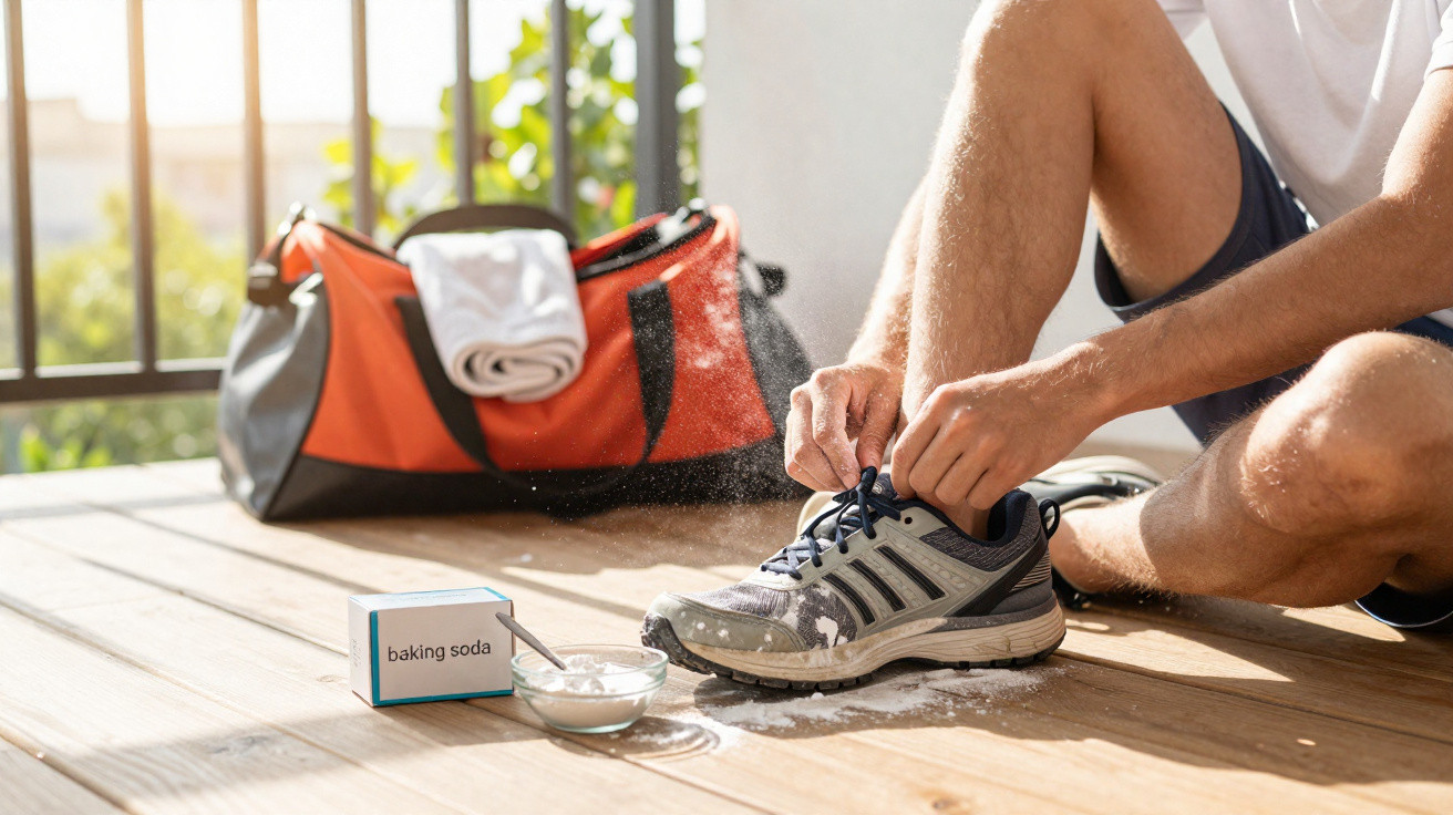 Pessoa amarrando tênis com bicarbonato de sódio e bolsa de ginástica ao fundo em chão de madeira.