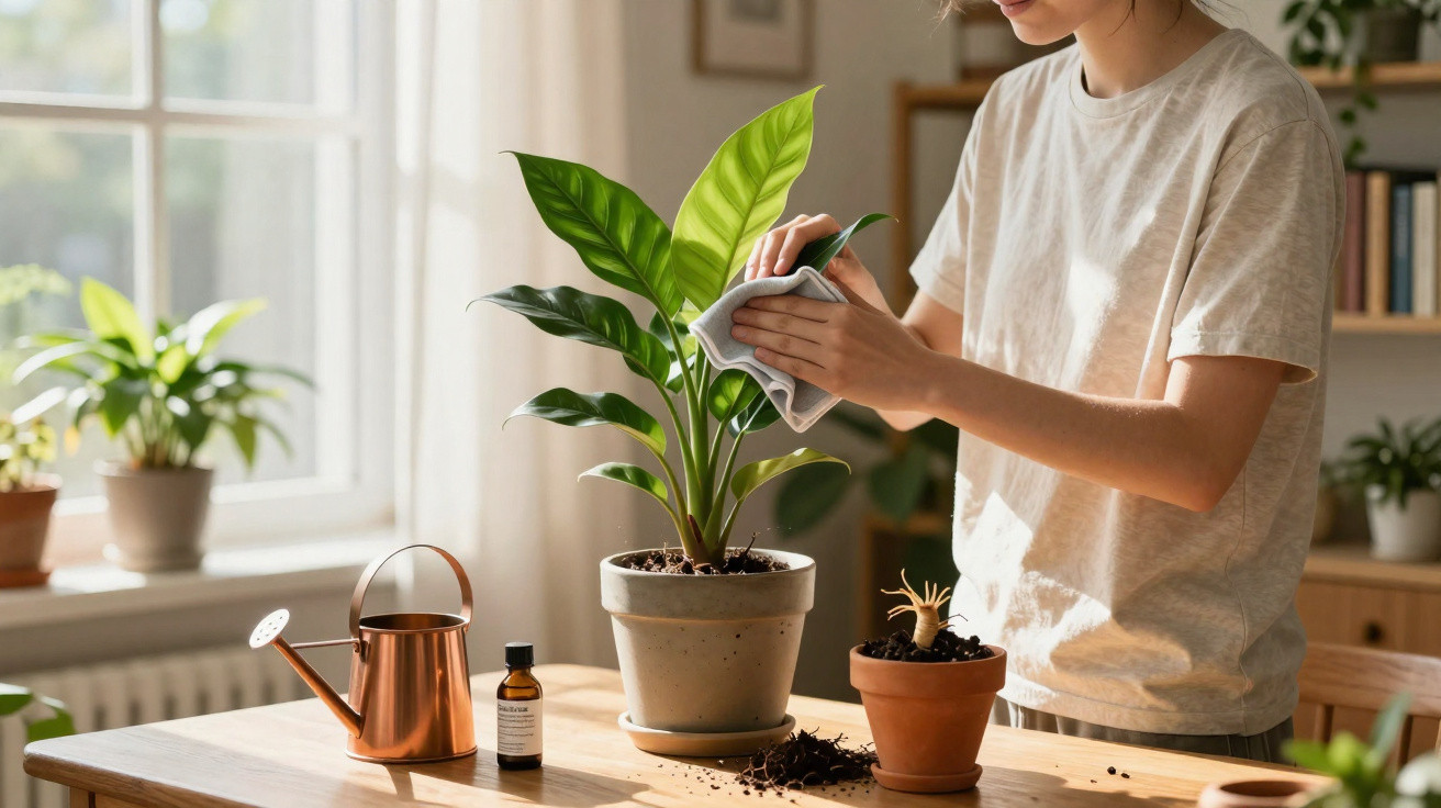 Pessoa cuidando de planta em vaso sobre mesa com regador e frasco em ambiente iluminado por janela.