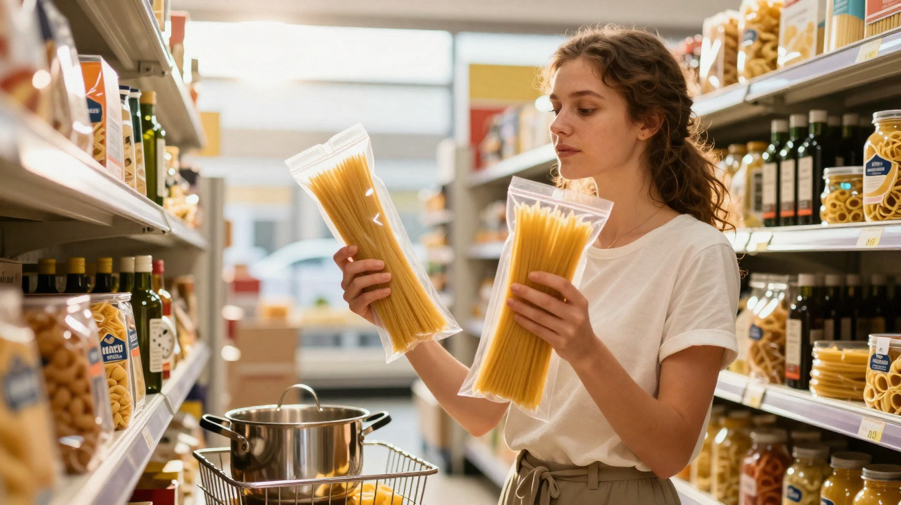 Mulher em supermercado escolhendo entre dois pacotes de macarrão espaguete nos corredores de massas.