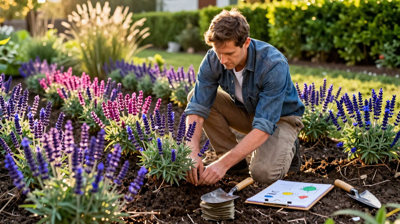 Homem ajoelhado cuidando de plantas de flores roxas em um jardim iluminado pelo sol.