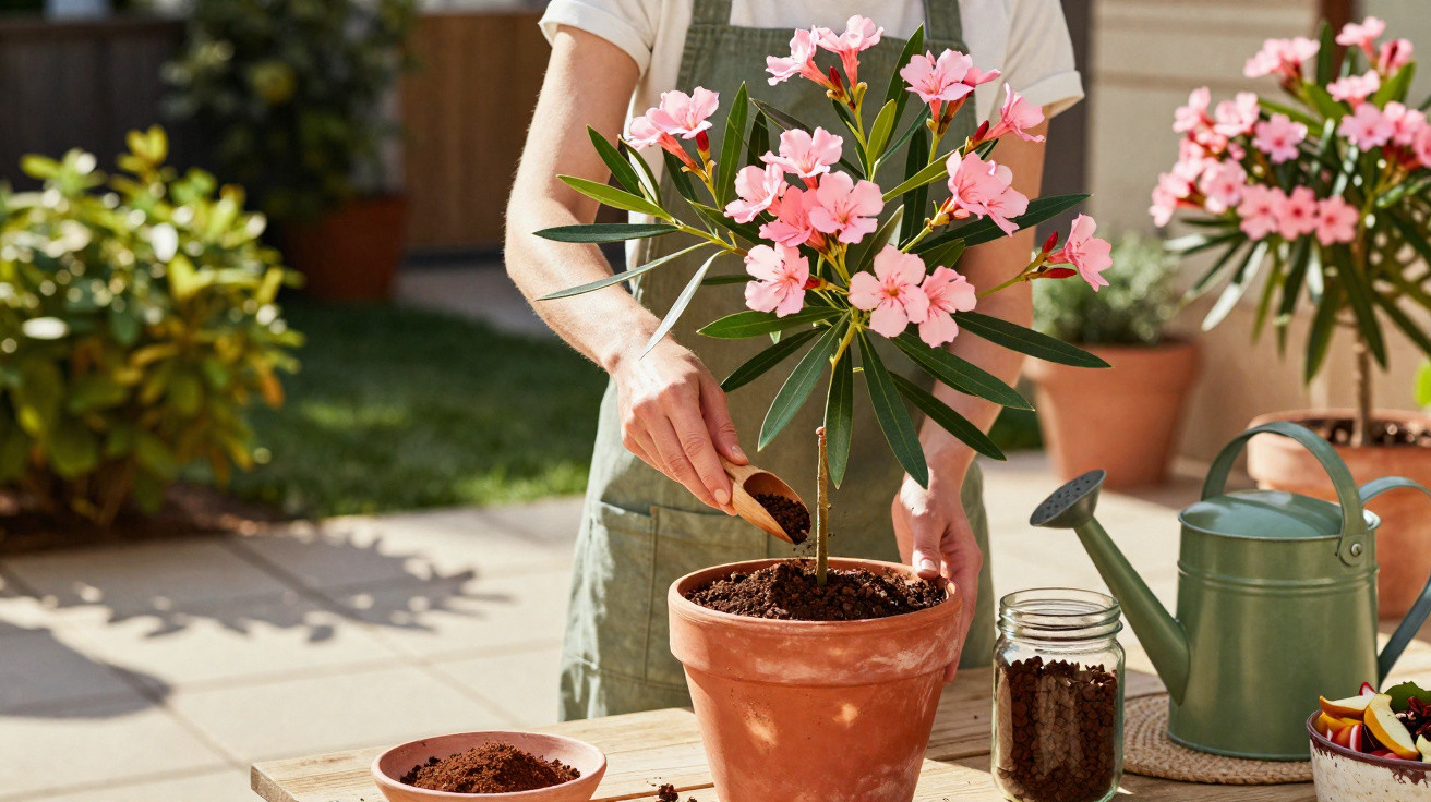 Pessoa regando planta com flores rosas em vaso de barro ao ar livre, mesa com regador e temperos.