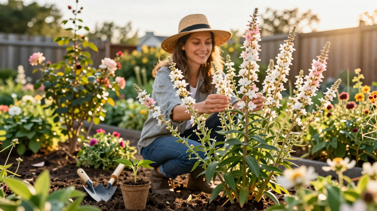 Mulher sorridente cuidando de flores em jardim ensolarado, vestindo chapéu e roupas casuais.