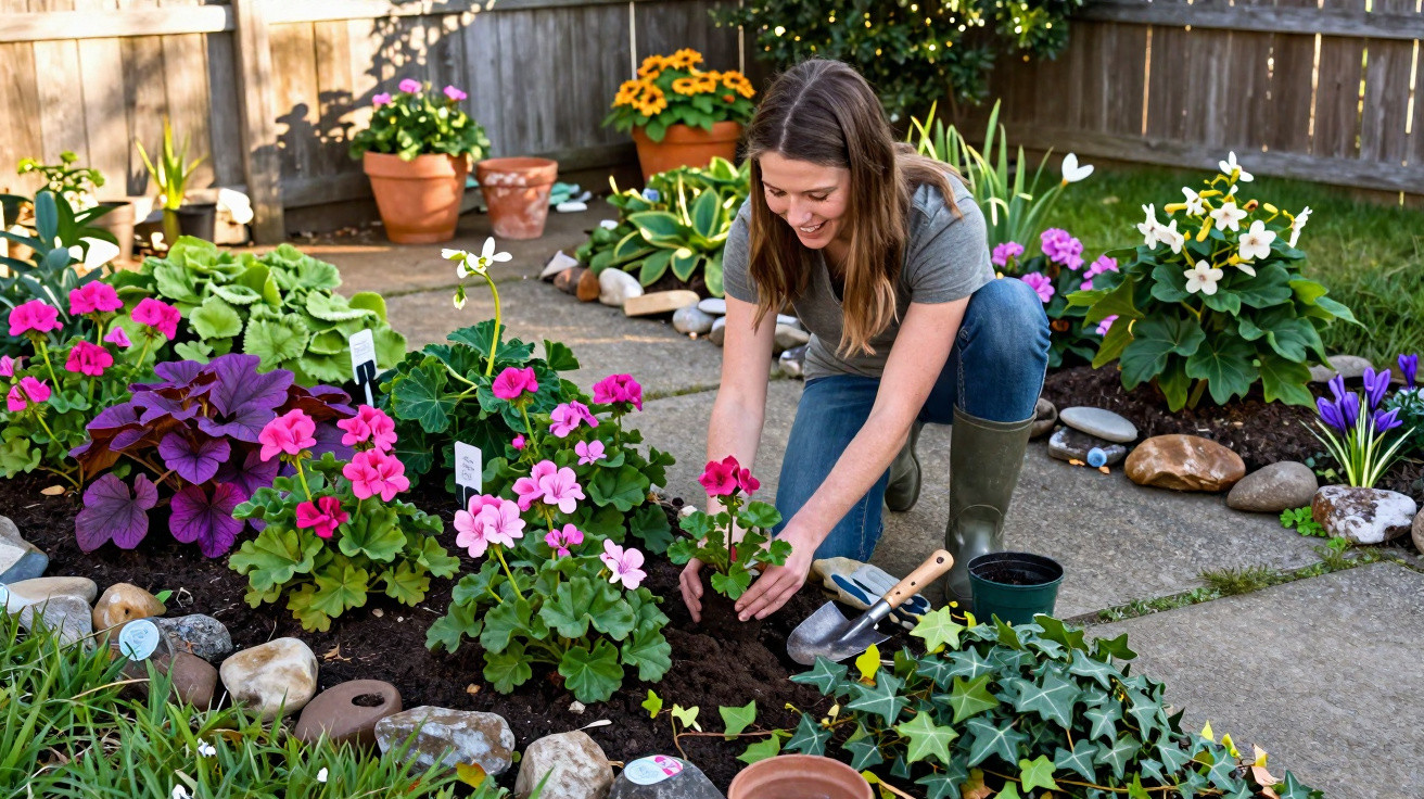 Mulher sorridente plantando flores coloridas em jardim com vaso e ferramentas de jardinagem.