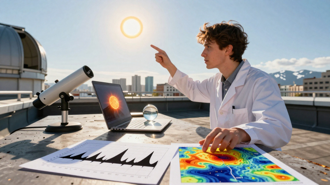 Jovem cientista com jaleco aponta para o sol em telhado, com telescópio, laptop e gráficos científicos.
