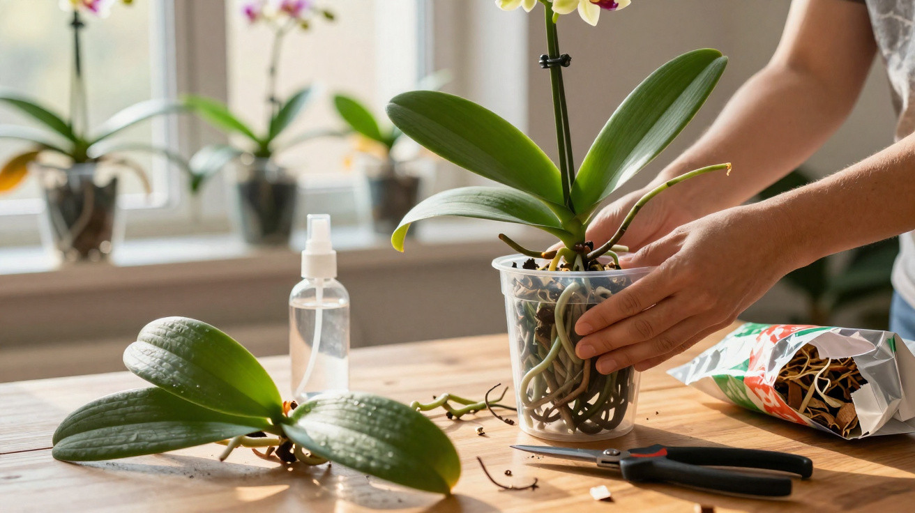 Pessoa transplantando orquídea em vaso plástico sobre mesa de madeira com ferramentas de jardinagem.