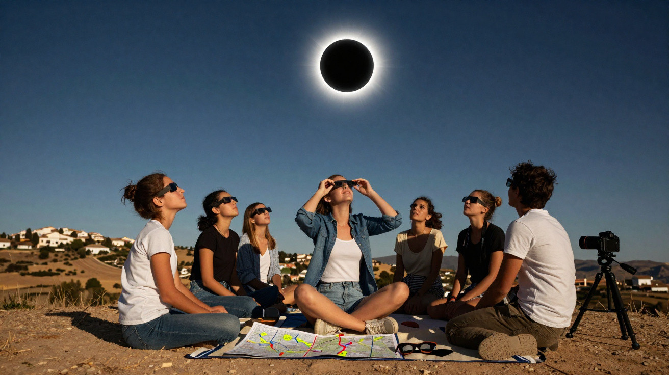 Grupo de pessoas sentadas no chão usando óculos para observar eclipse solar total no céu claro.