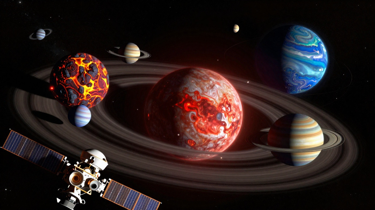 Satélite em órbita próximo a planetas coloridos com anéis no espaço sideral.