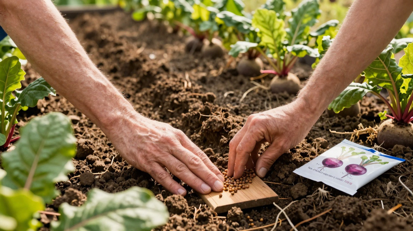 Mãos plantando sementes em solo fértil próximo a beterrabas no cultivo de horta caseira.