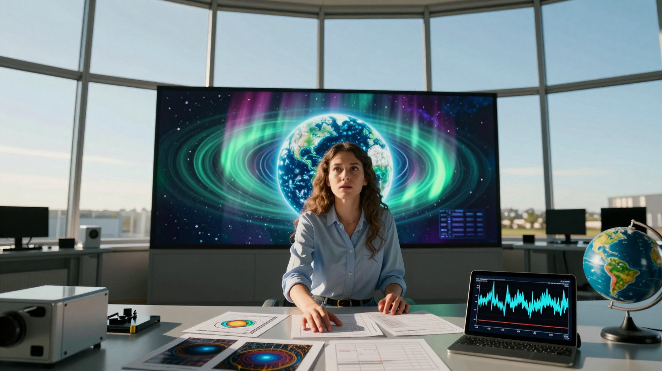 Mulher em laboratório de ciências observando gráficos e imagens da Terra com auroras ao fundo.