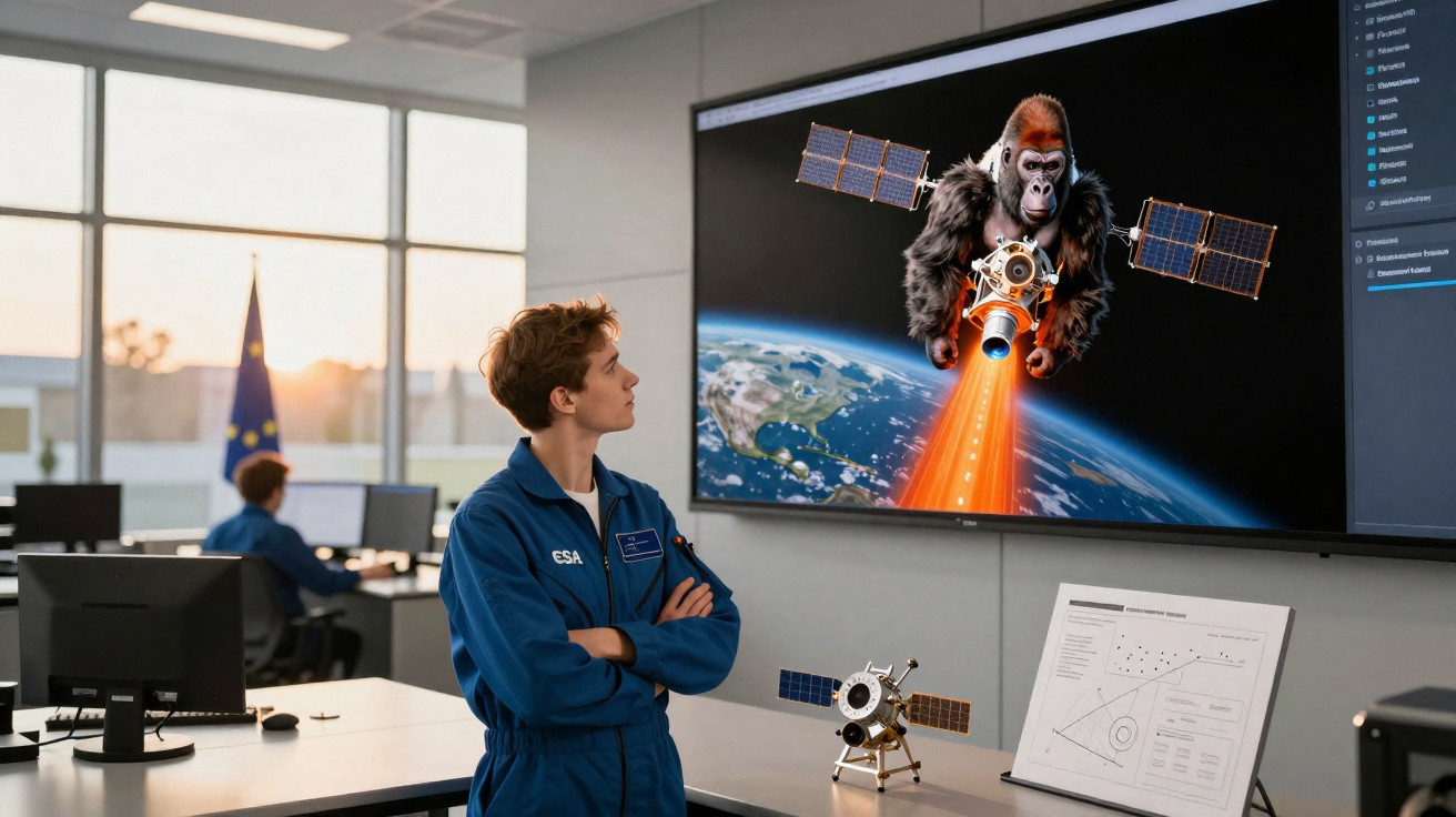 Pessoa vestindo uniforme da ESA observa tela com satélite que projeta imagem de gorila no espaço.