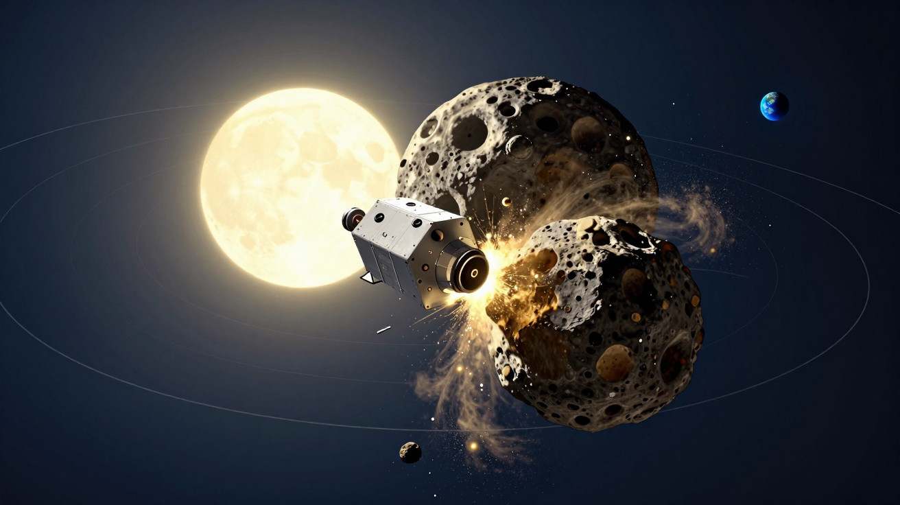 Nave espacial colidindo com asteroide próximo ao Sol e à Terra no espaço profundo.