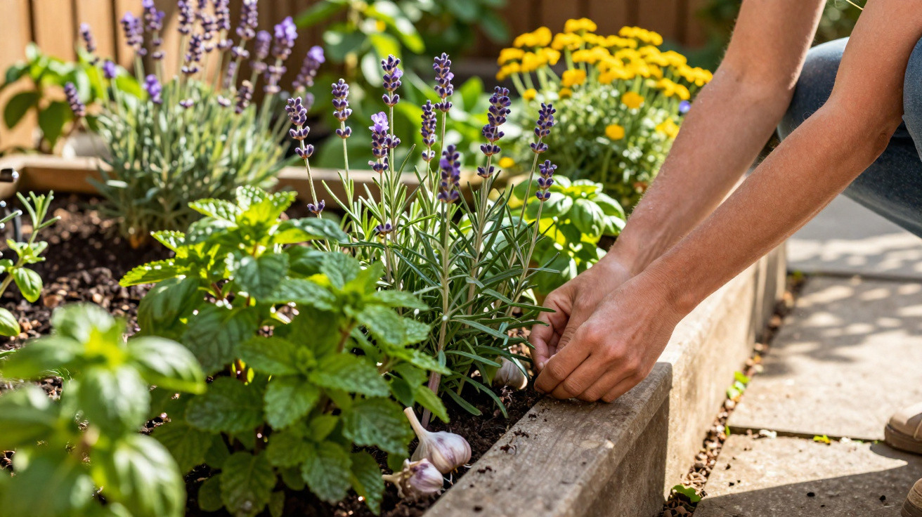 Pessoa cuidando de plantas em canteiro com ervas, lavanda e flores amarelas em jardim ensolarado.