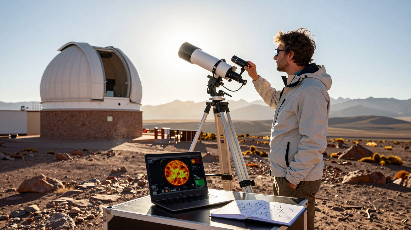 Homem ajusta telescópio ao ar livre ao pôr do sol, com laptop mostrando imagem do sol e caderno aberto.