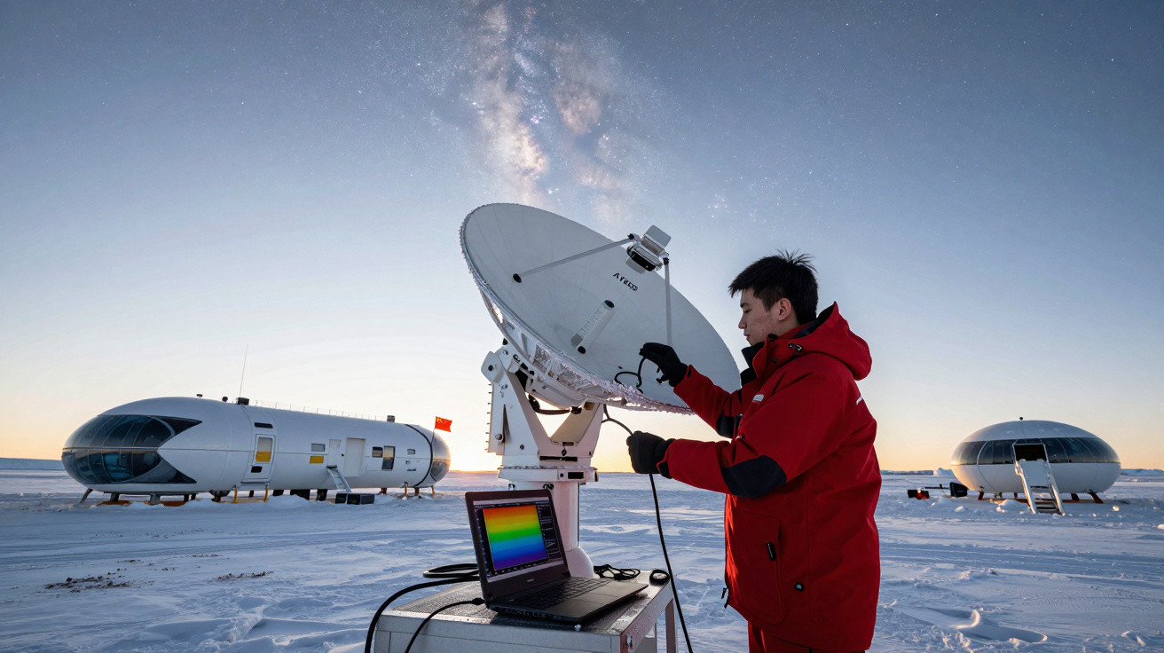 Homem em roupa vermelha ajusta antena parabólica na neve com equipamentos e edifícios futuristas ao fundo.
