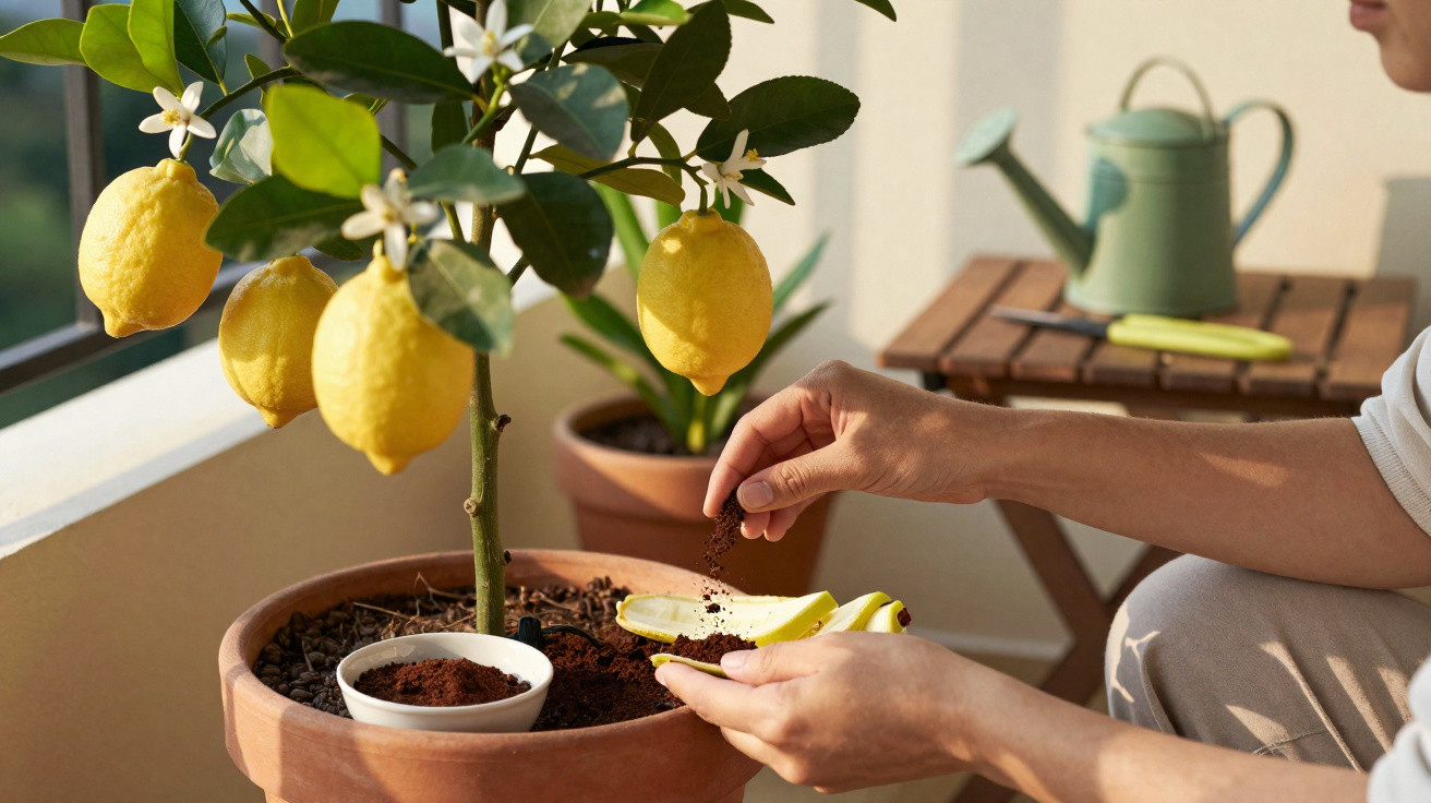 Pessoa alimenta planta de limão com pó de borra de café em vaso de barro na varanda iluminada pelo sol.
