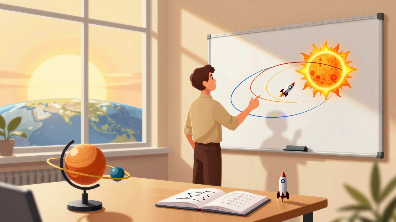 Homem apontando para quadro branco com ilustração do sistema solar em sala com janela e globo terrestre.