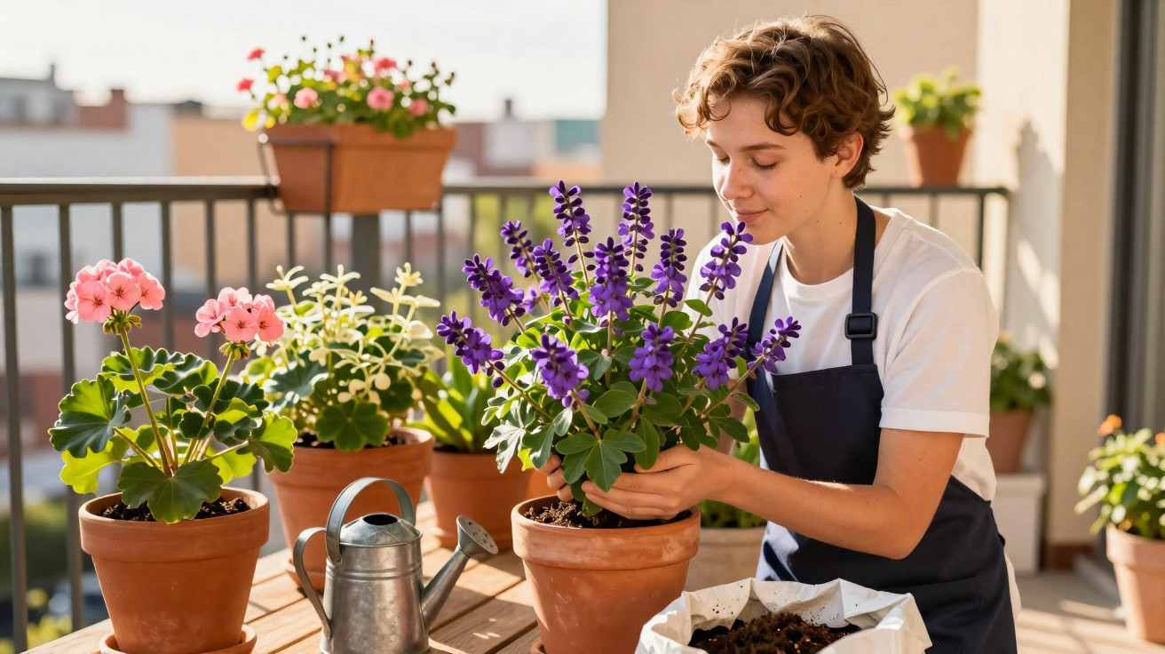 Pessoa cuidando de plantas com flores roxas e rosas em vasos de barro em varanda ensolarada.
