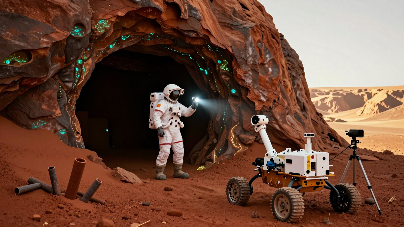 Astronauta explora caverna iluminada por minerais brilhantes em superfície marciana com robô e equipamento.