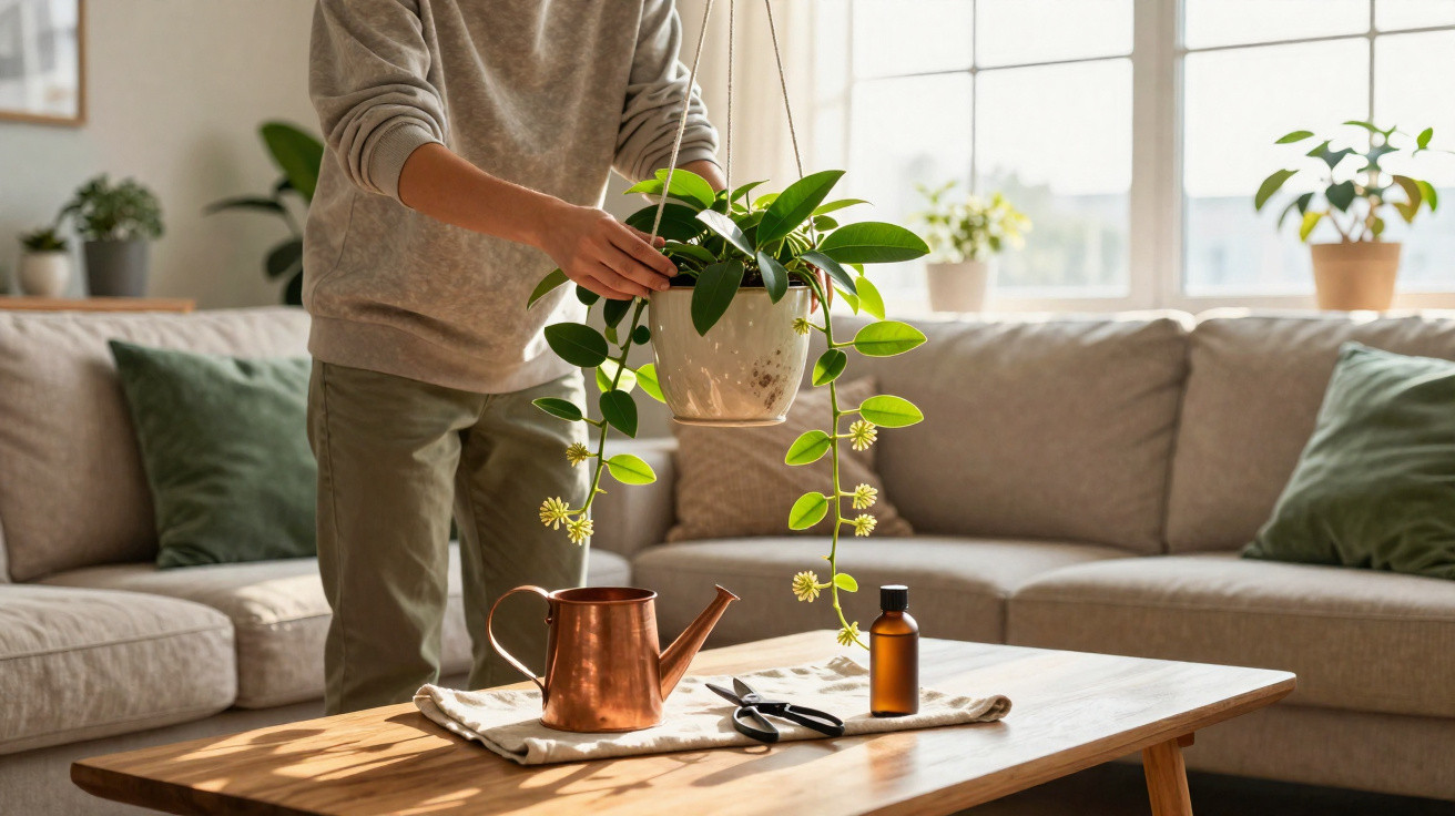 Pessoa segurando planta pendurada em vaso branco em sala de estar com sofá cinza e mesa de madeira.