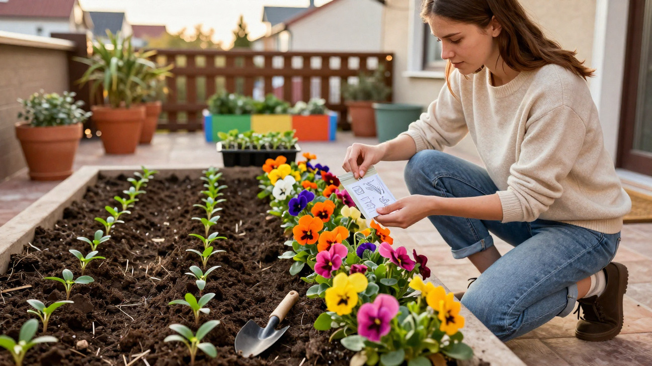 Mulher cuidando de flores coloridas em canteiro de jardim ao ar livre em área residencial.