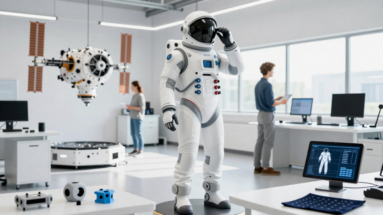 Astronauta em traje espacial branco em sala de pesquisa com equipamentos e pessoas ao fundo.