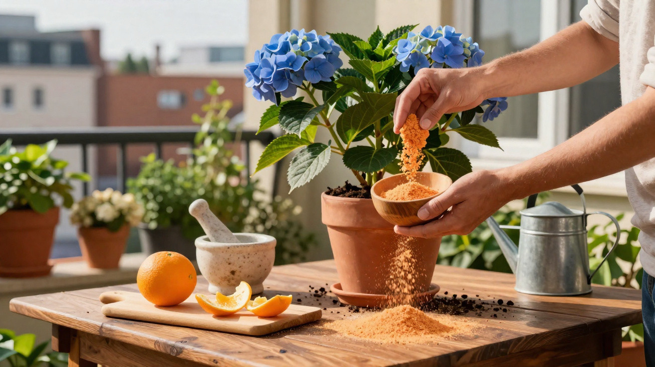 Pessoa aplicando fertilizante em vaso com hortênsia azul em varanda com regador e frutas em mesa de madeira.