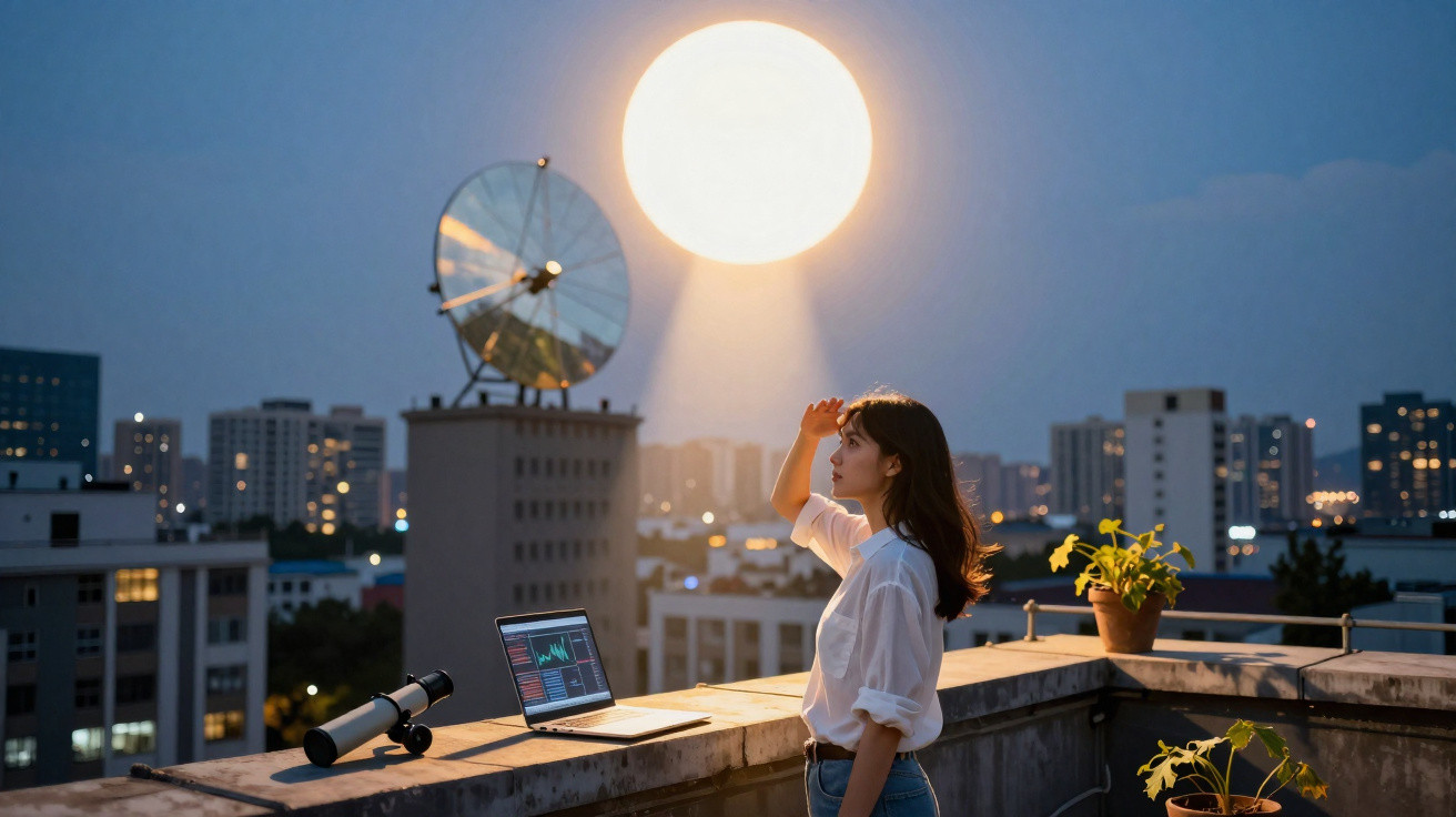 Mulher observa a lua cheia no céu noturno na cidade, com telescópio e laptop na sacada.