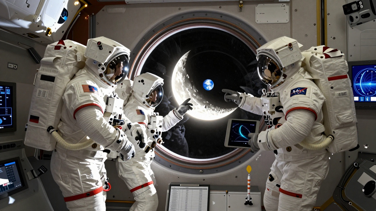 Astronautas em trajes espaciais dentro de nave, observando Terra e Lua pela janela circular.