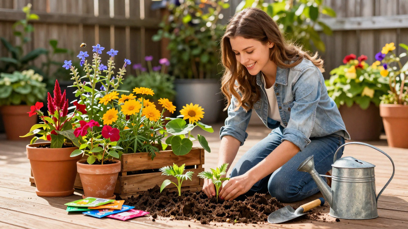 Mulher sorridente plantando mudas em jardim com regador, pá e flores coloridas em vasos.