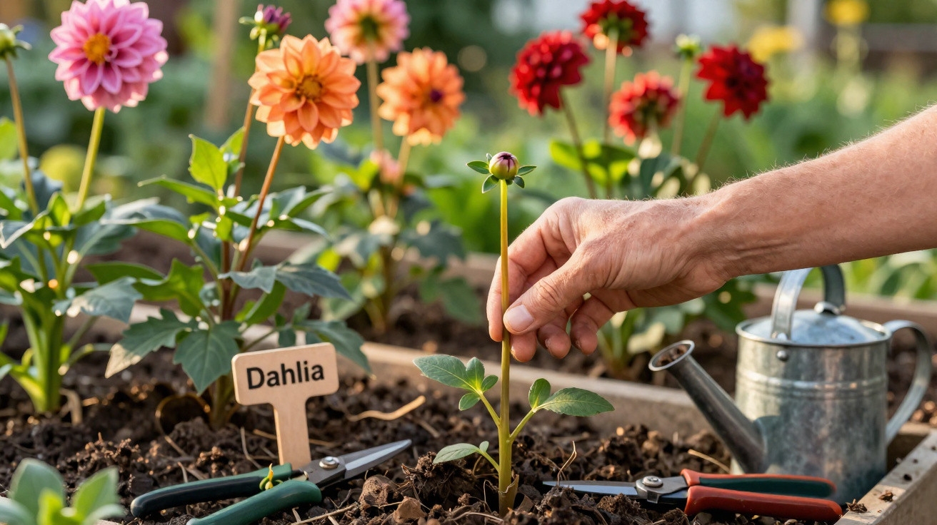 Mão cuidando de muda de dália em canteiro com flores coloridas e regador ao fundo.