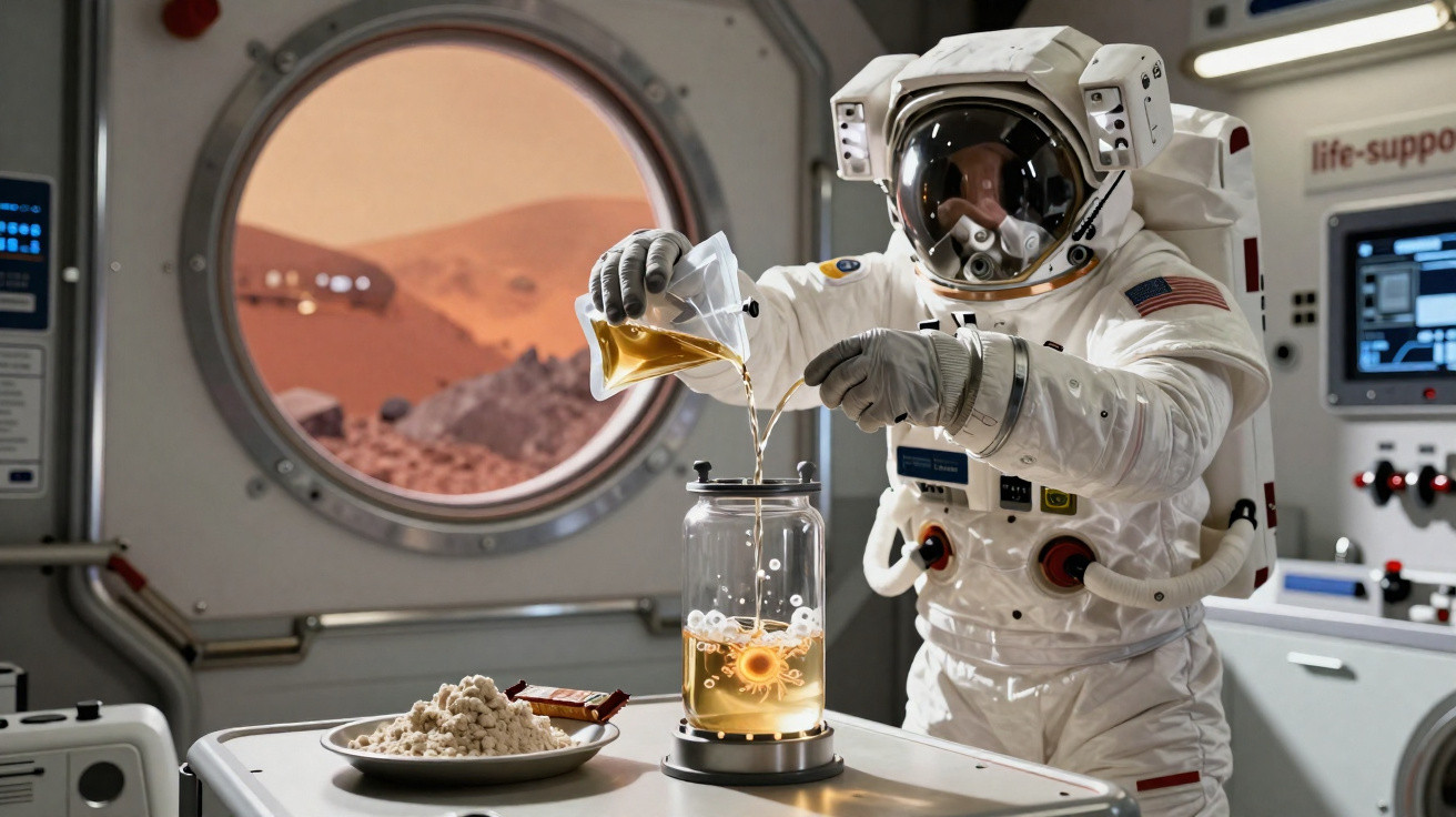 Astronauta com traje espacial realiza experimento químico dentro de módulo com janela mostrando paisagem marciana.