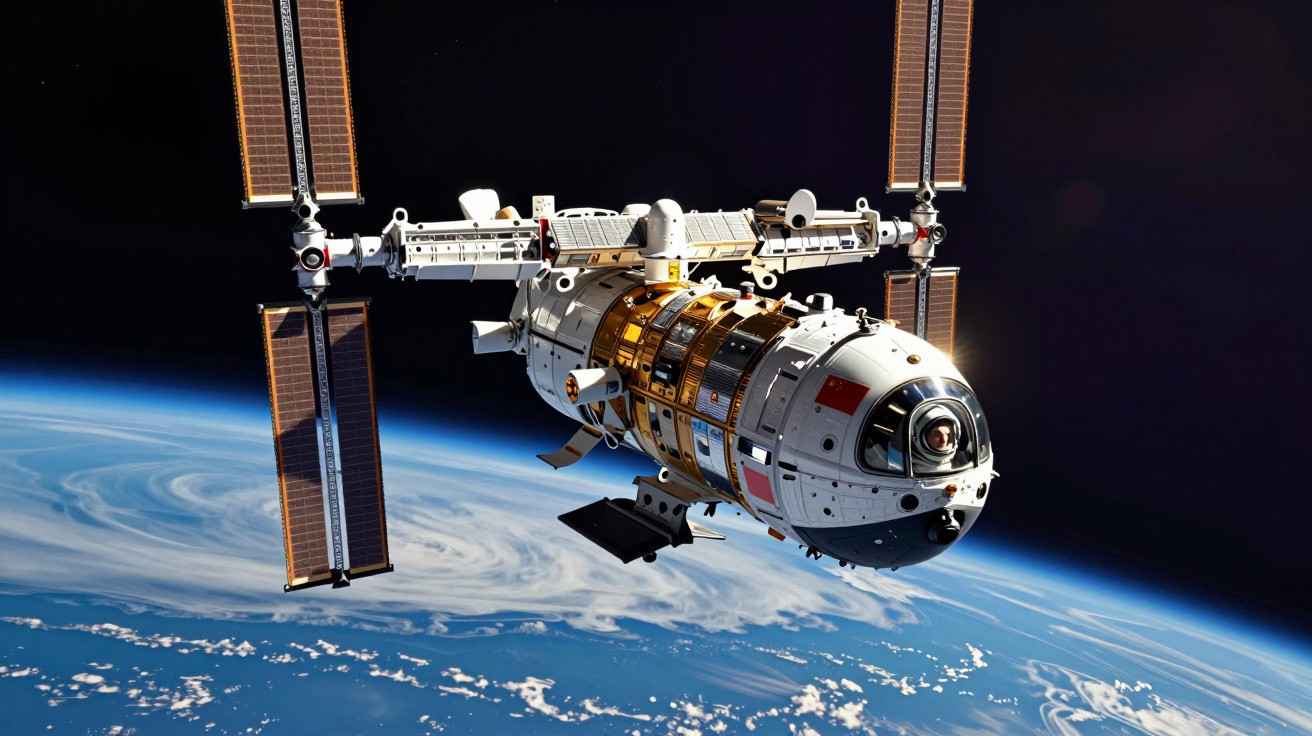 Estação espacial modular orbitando próximo à Terra com painéis solares e detalhes metálicos visíveis.