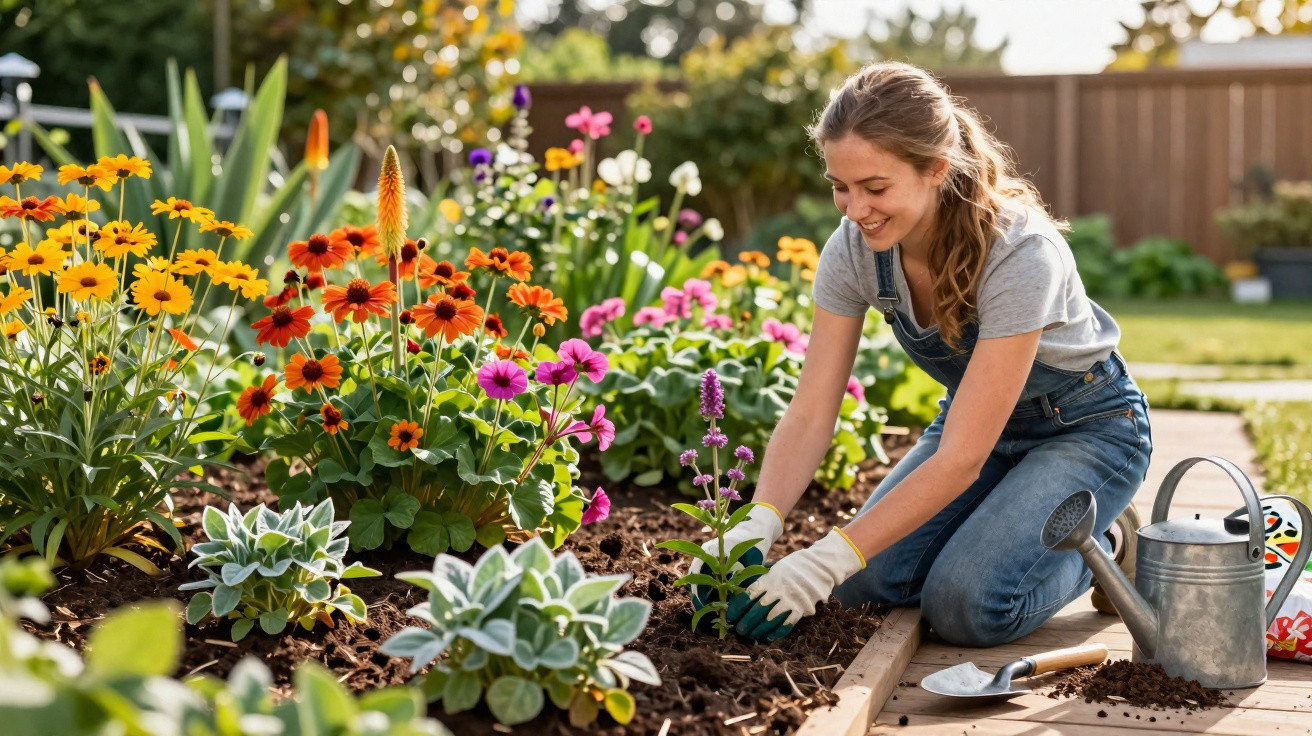 Mulher jovem plantando flores coloridas em jardim ensolarado, com regador e pá ao lado.