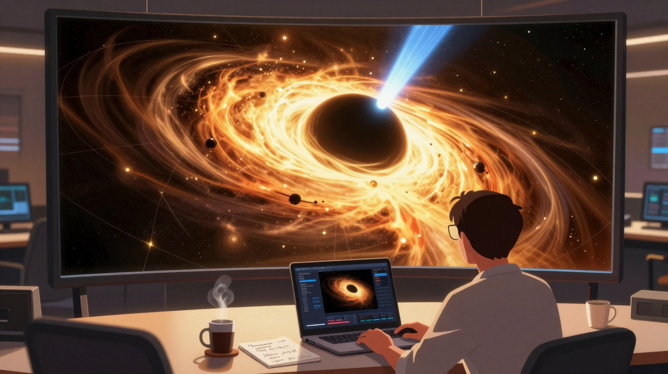Pessoa estudando buraco negro holográfico gigante em escritório com computador e café sobre a mesa.