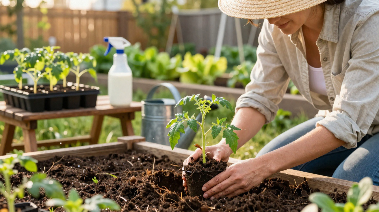 Pessoa plantando muda de tomate em jardim com regador e pulverizador ao fundo.