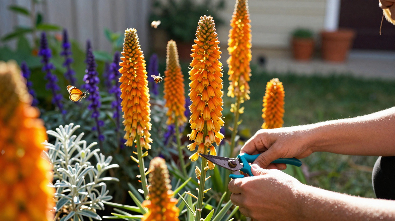 Mãos cortando flores laranja altas em jardim com abelhas e plantas ao fundo.