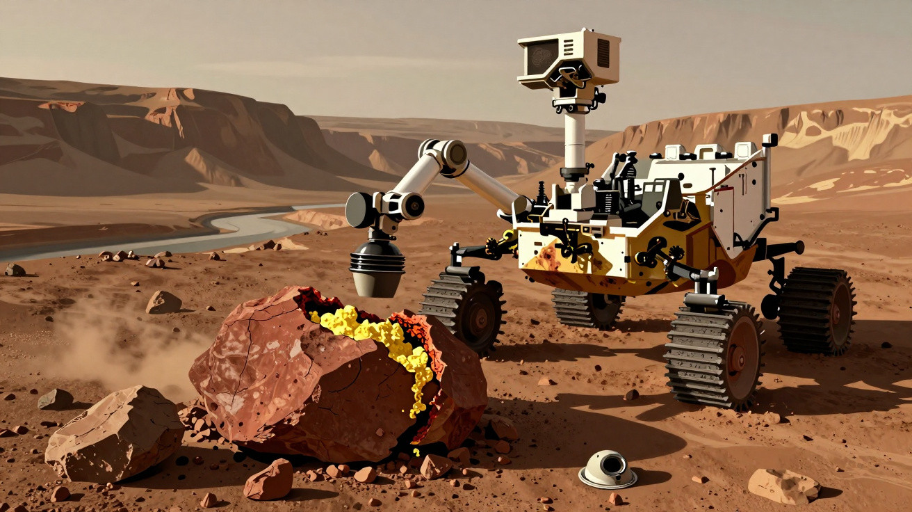 Rover explorando terreno vermelho e analisando uma rocha quebrada em ambiente marciano árido e montanhoso.