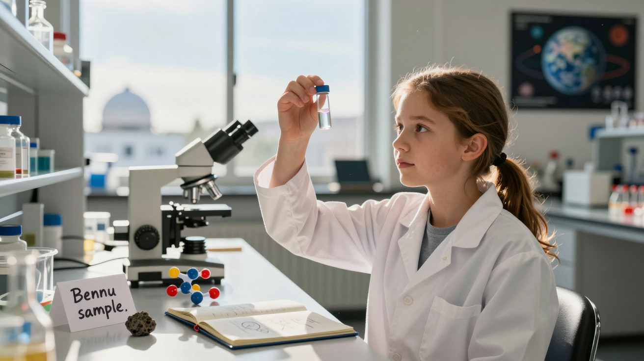 Menina cientista em laboratório observando tubo de ensaio com amostra rotulada "Bennu sample".