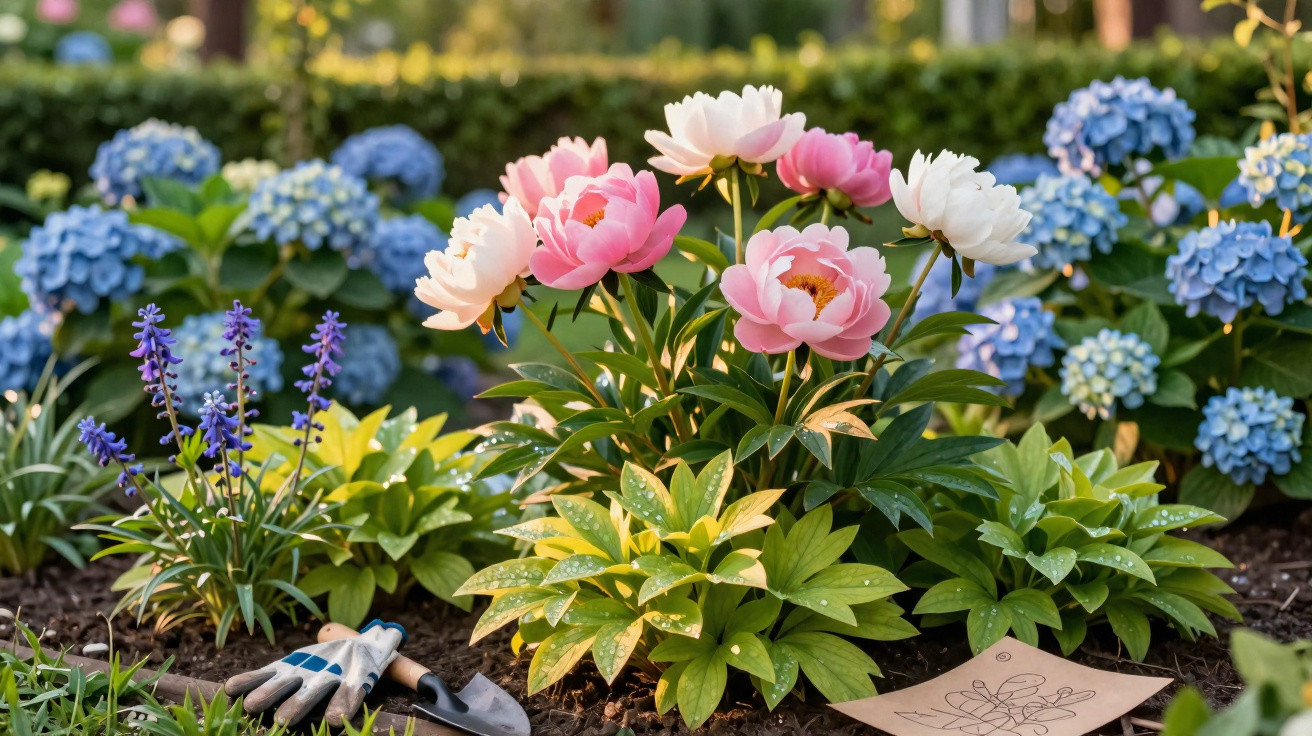 Jardim com peônias rosa, hortênsias azuis, luvas e pá de jardinagem ao lado de um desenho.